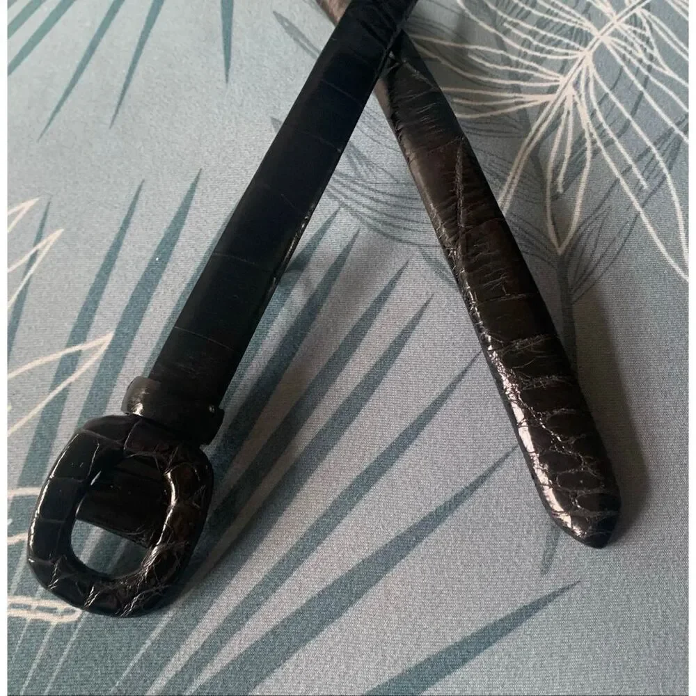 RALPH LAUREN COLLECTION Italy  Black ALLIGATOR SKINNY Leather Belt sz L